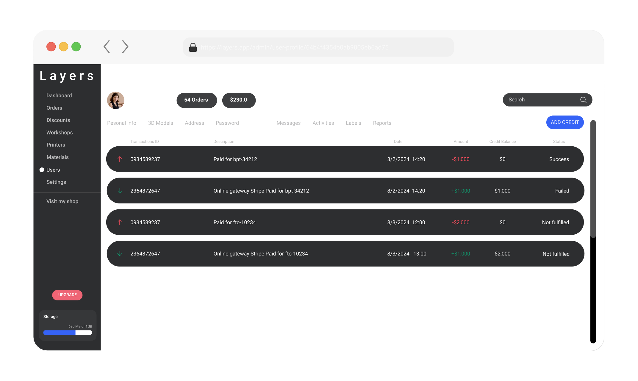 layers.app transaction and credit system