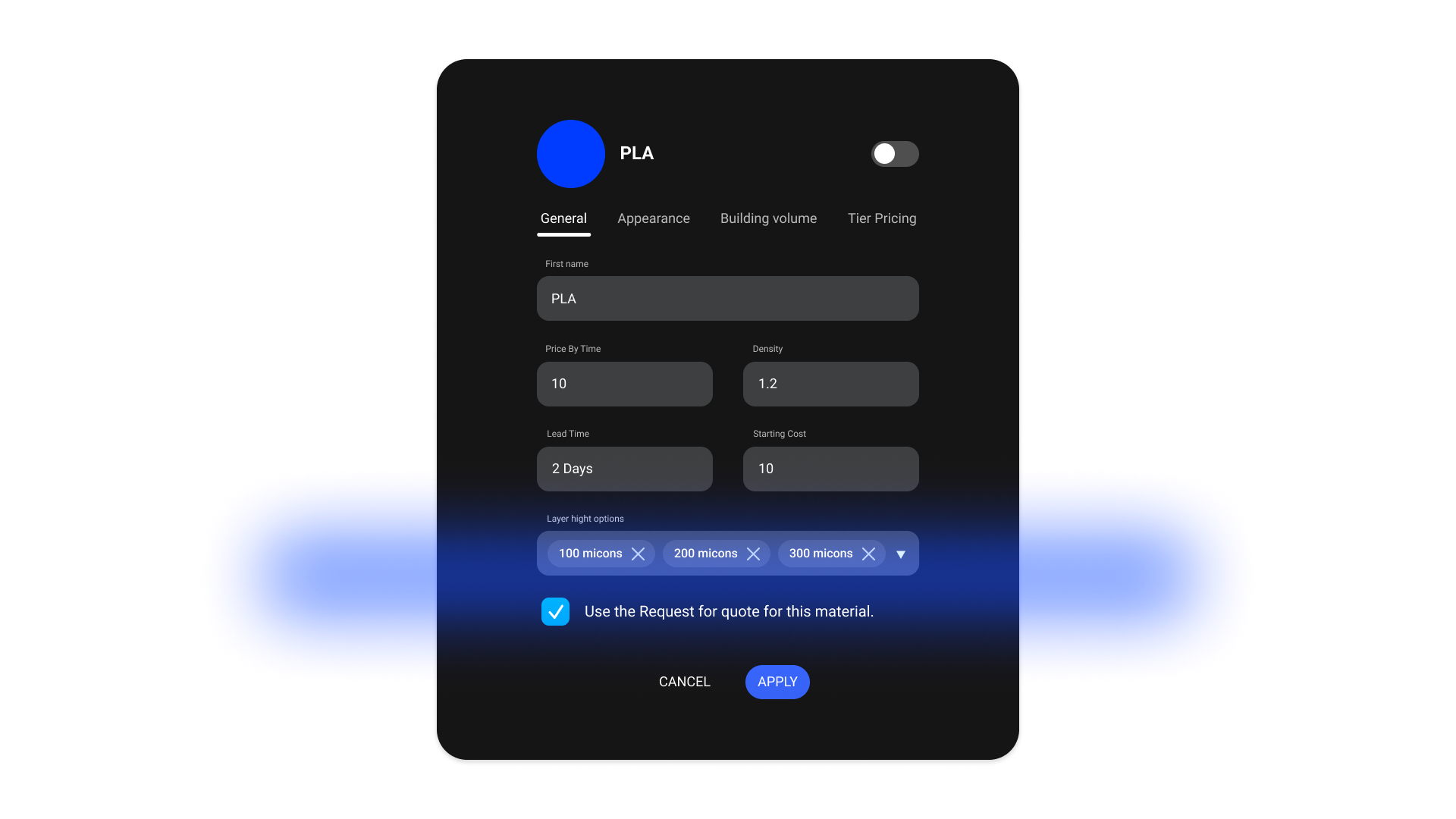 Layers material settings showing configurable layer height restrictions, allowing administrators to enable only specific layer heights for time-based FDM materials.